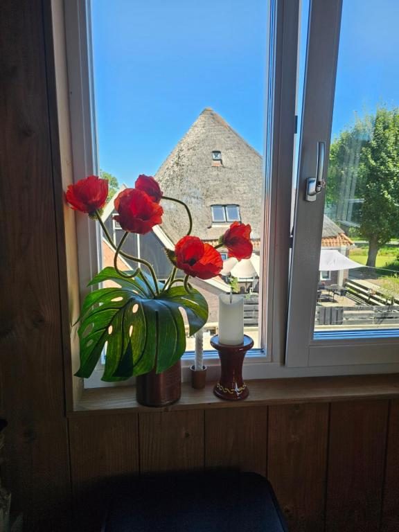 Vensterbank met rode bloemen en uitzicht op de rieten kap van de stolpboerderij